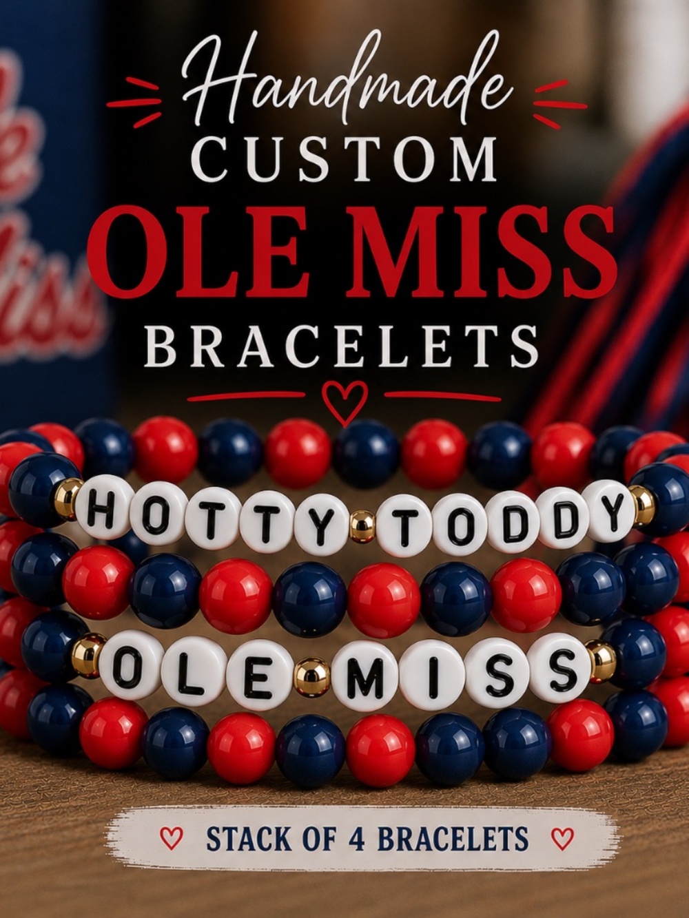 Stack of Four Handmade Custom Ole Miss Rebels Bracelets